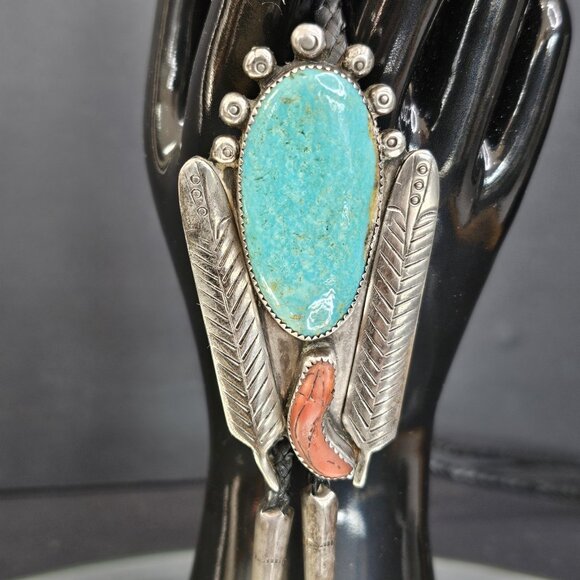 Navajo Turquoise And Coral Sterling Silver Bolo Tie Signed. USA Native American - Picture 2 of 15